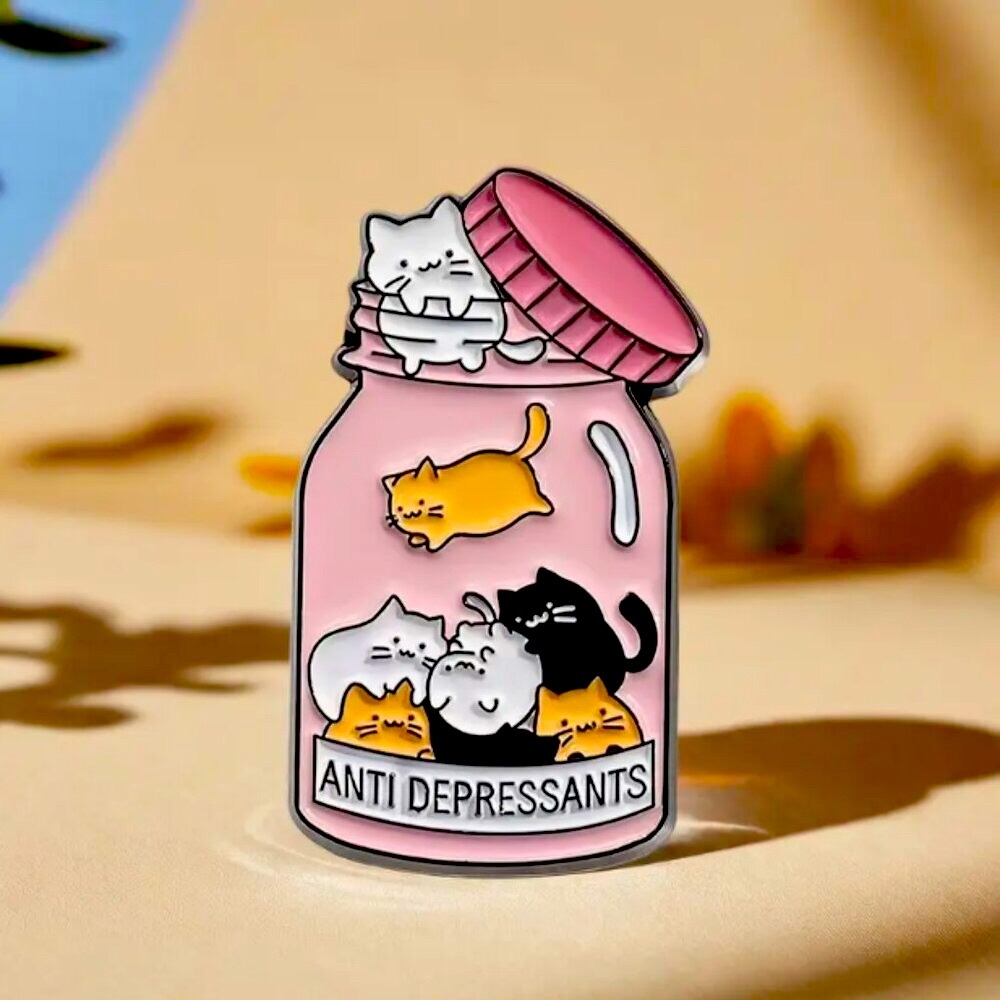 Anti Depressants Cat Enamel Pin - Pink Cute Kitty Accessory